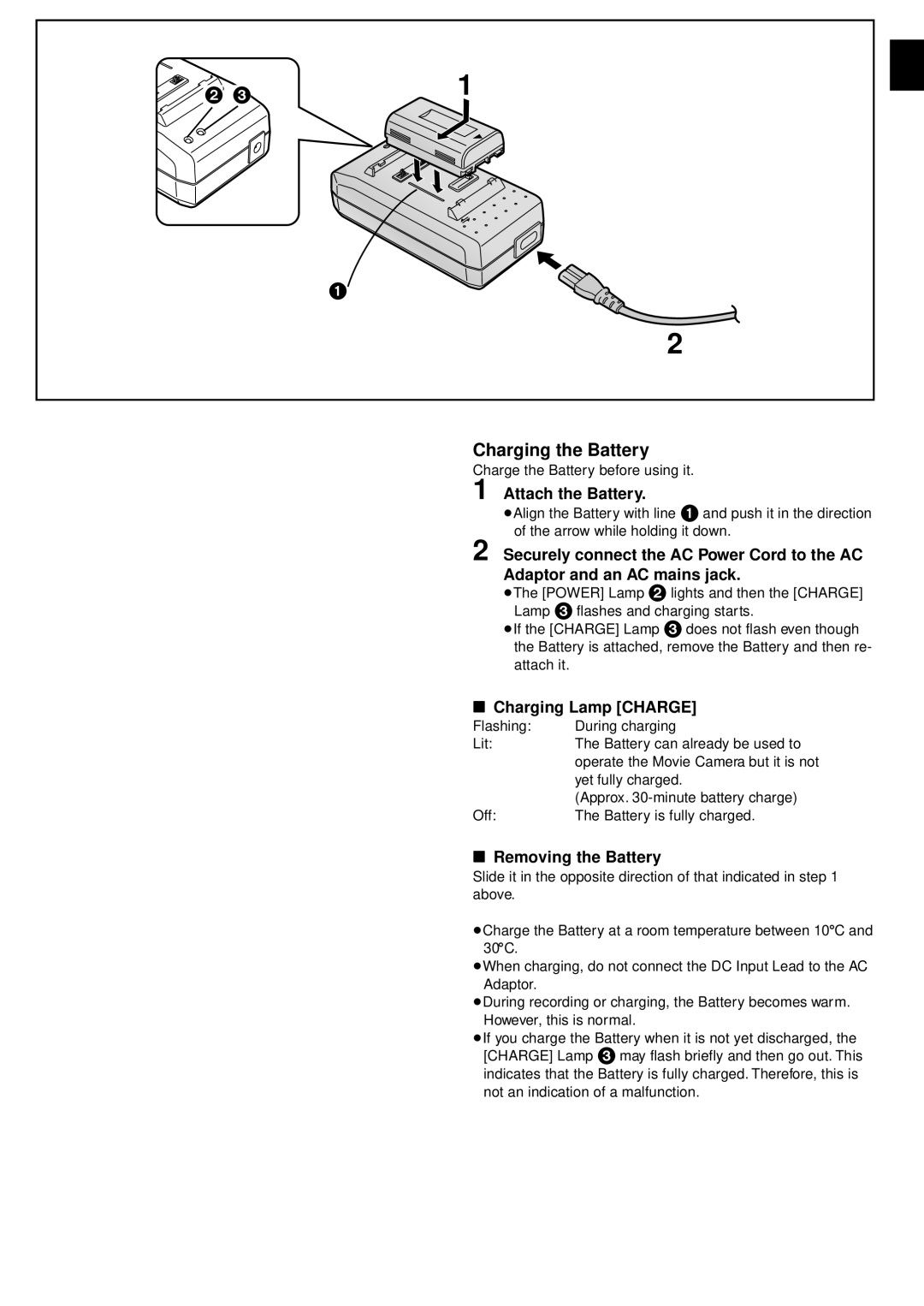 Panasonic NV-VZ1PNA operating instructions Charging the Battery, Attach the Battery 