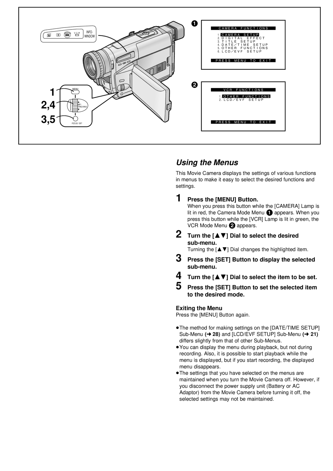 Panasonic NV-VZ1PNA operating instructions Using the Menus, Press the Menu Button 