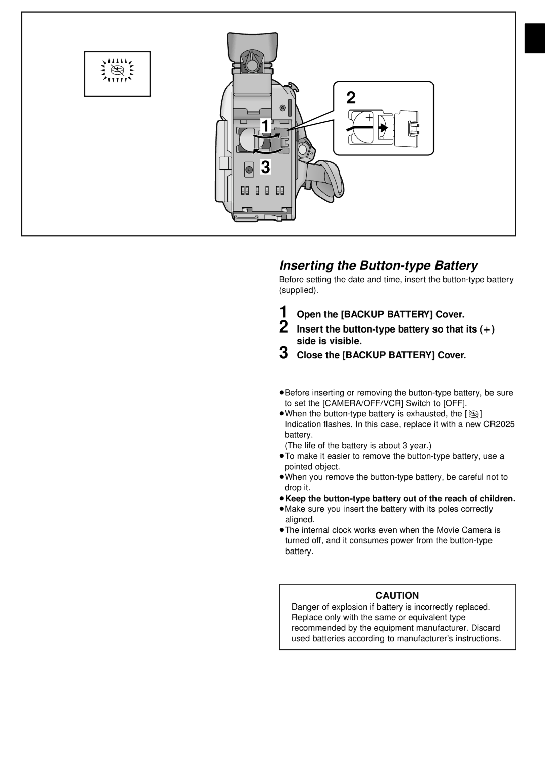 Panasonic NV-VZ1PNA Inserting the Button-type Battery, ≥ Keep the button-type battery out of the reach of children 