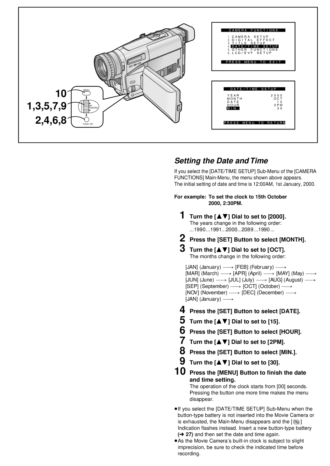 Panasonic NV-VZ1PNA operating instructions 6,8, Setting the Date and Time 