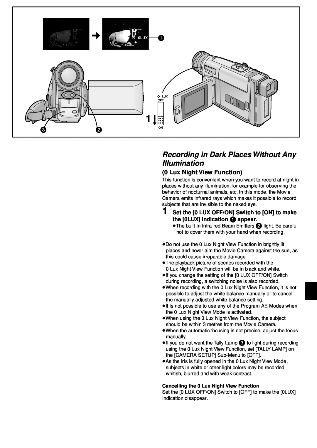 Panasonic NV-VZ1PNA operating instructions Recording in Dark Places Without Any Illumination, Lux Night View Function 