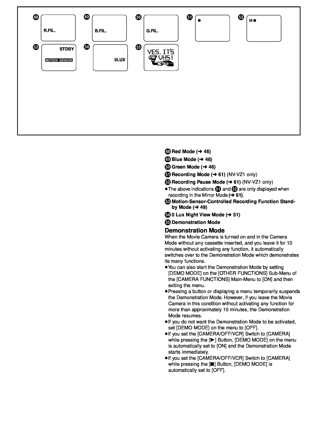 Panasonic NV-VZ1PNA operating instructions Demonstration Mode, a b c d 
