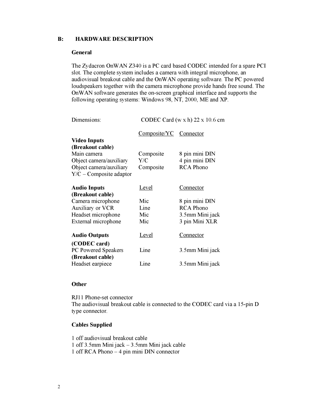 Panasonic OnWAN Z340 appendix Hardware Description 