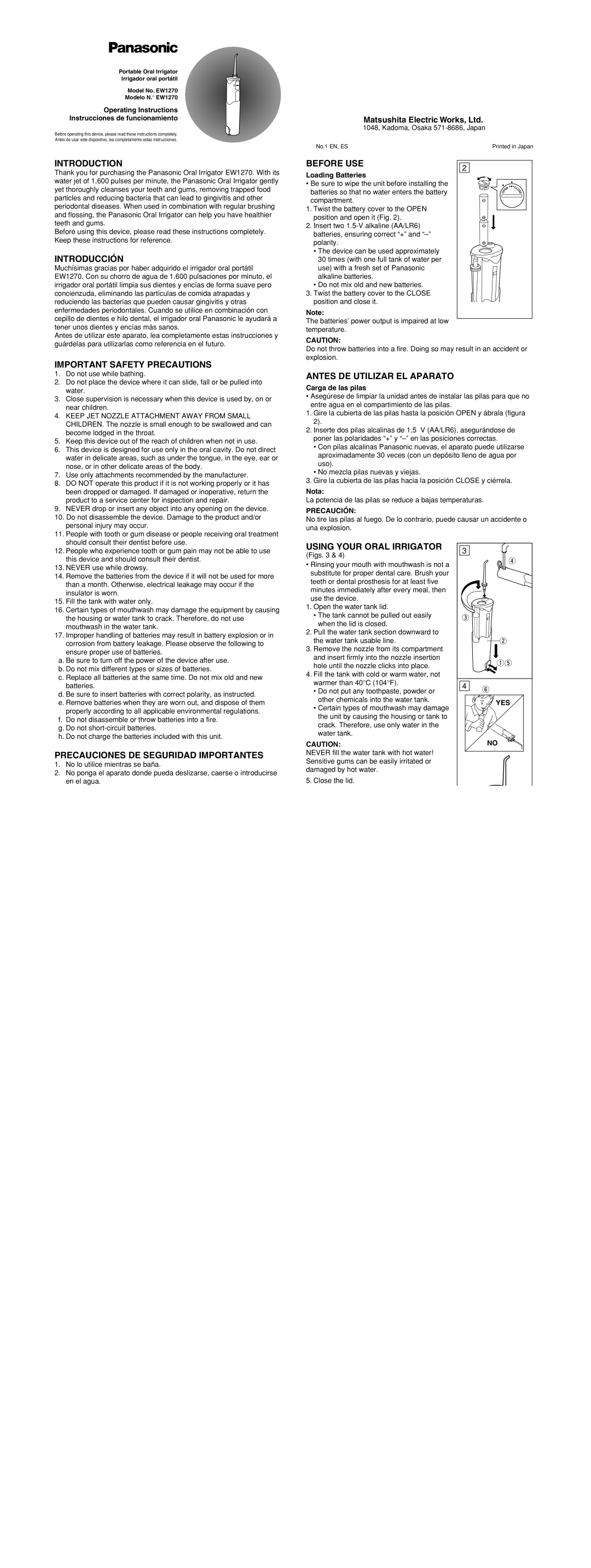 Panasonic oral irrigator operating instructions Introduction, Introducción, Before USE, Important Safety Precautions 