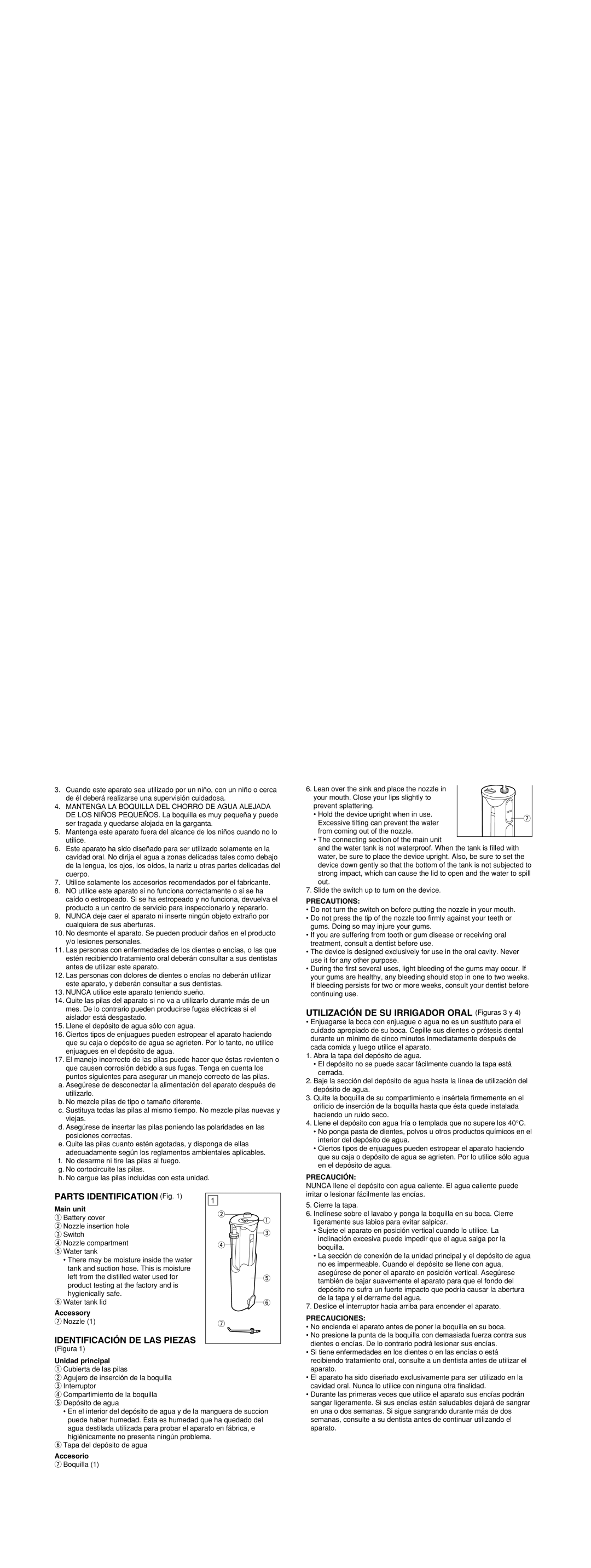 Panasonic oral irrigator Utilización DE SU Irrigador Oral Figuras 3 y, Parts Identification Fig, Precautions, Precauciones 