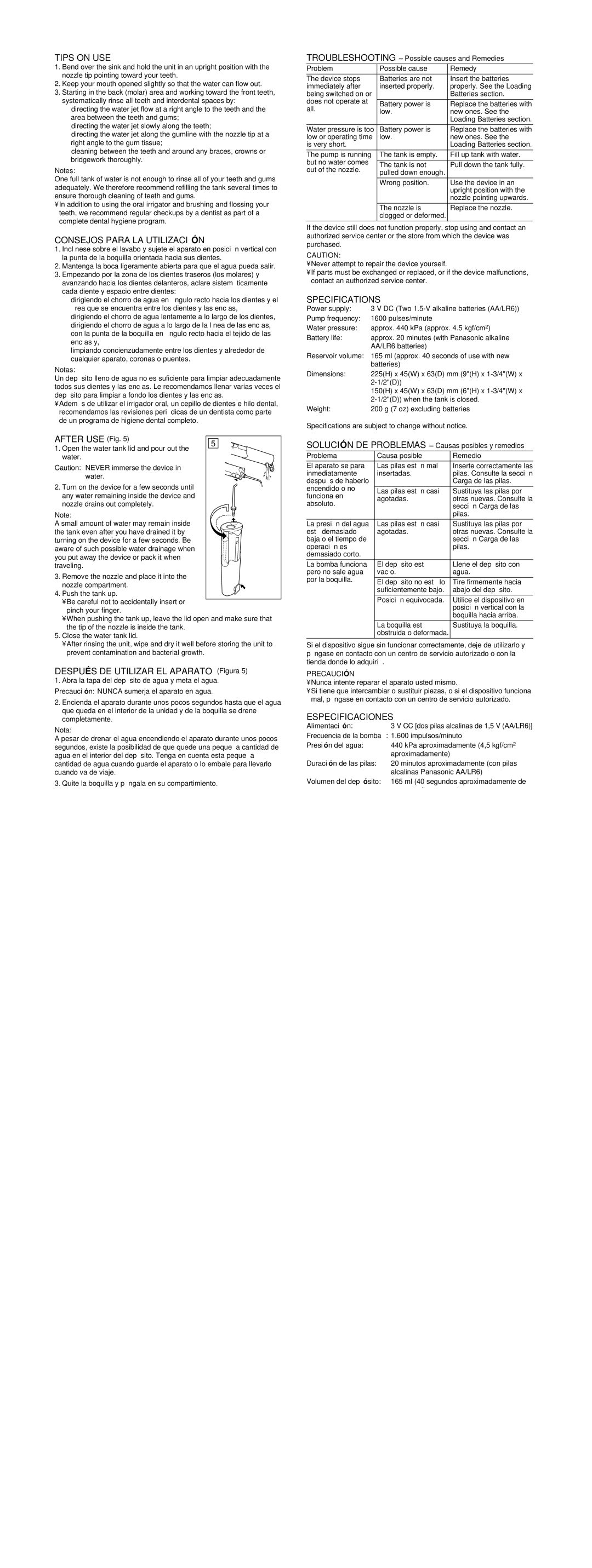 Panasonic oral irrigator operating instructions Tips on USE, Consejos Para LA Utilización, Specifications, Especificaciones 