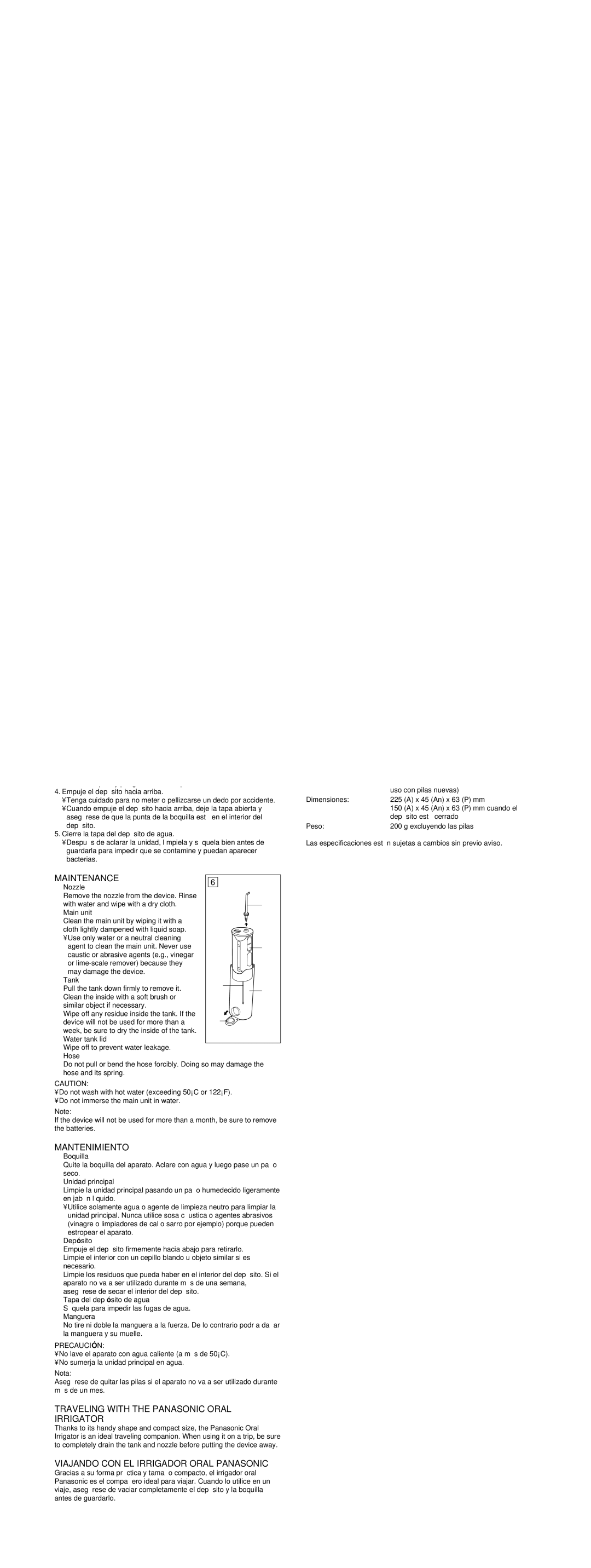 Panasonic oral irrigator operating instructions Maintenance, Mantenimiento, Traveling with the Panasonic Oral Irrigator 