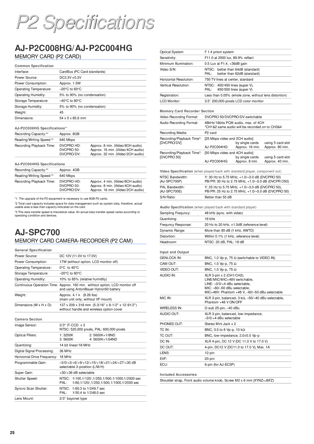 Panasonic P2 Series manual P2 Specifications, AJ-P2C008HG/AJ-P2C004HG 