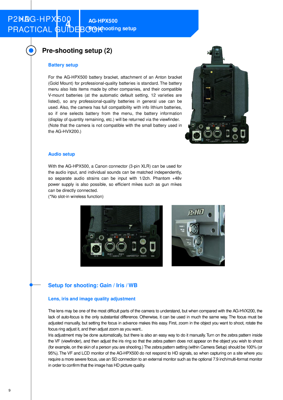 Panasonic P2HDXAG-HPX500 manual Setup for shooting Gain / Iris / WB, Battery setup, Audio setup 