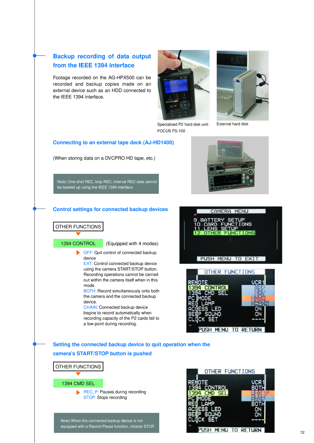 Panasonic P2HDXAG-HPX500 Connecting to an external tape deck AJ-HD1400, Control settings for connected backup devices 