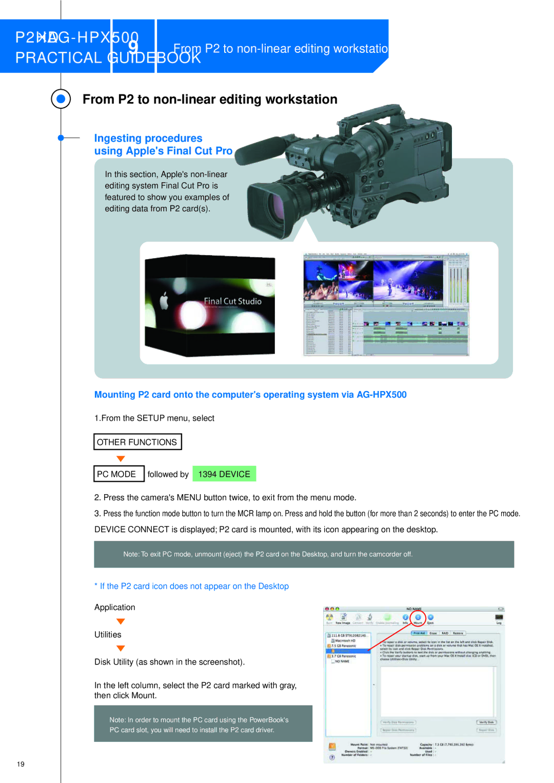 Panasonic P2HDXAG-HPX500 manual From P2 to non-linear editing workstation, Ingesting procedures Using Apples Final Cut Pro 