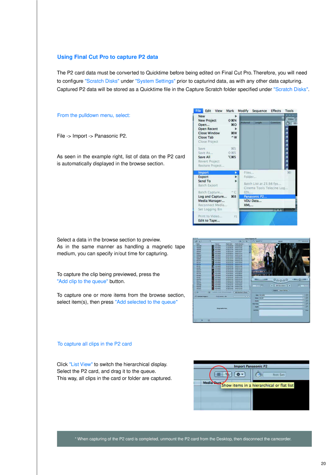 Panasonic P2HDXAG-HPX500 manual Using Final Cut Pro to capture P2 data, From the pulldown menu, select 