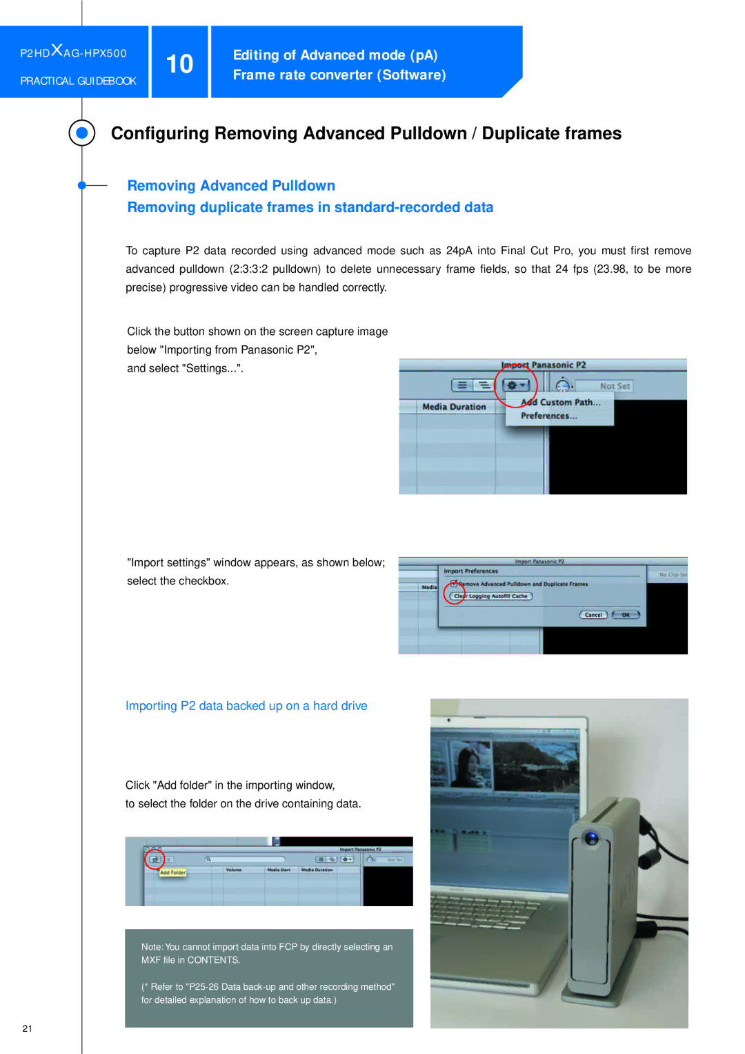 Panasonic P2HDXAG-HPX500 manual Configuring Removing Advanced Pulldown / Duplicate frames 