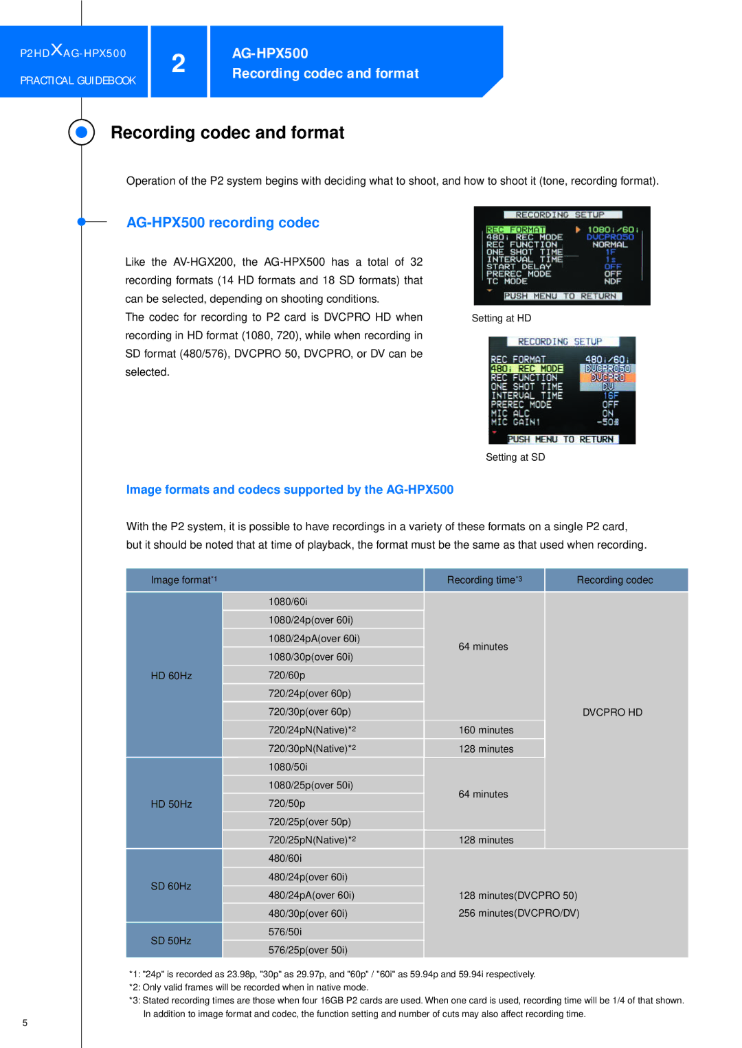 Panasonic P2HDXAG-HPX500 manual Recording codec and format, AG-HPX500 recording codec 