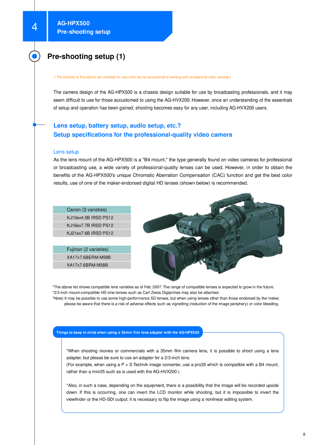 Panasonic P2HDXAG-HPX500 manual Pre-shooting setup, Lens setup, Fujinon 2 varieties 