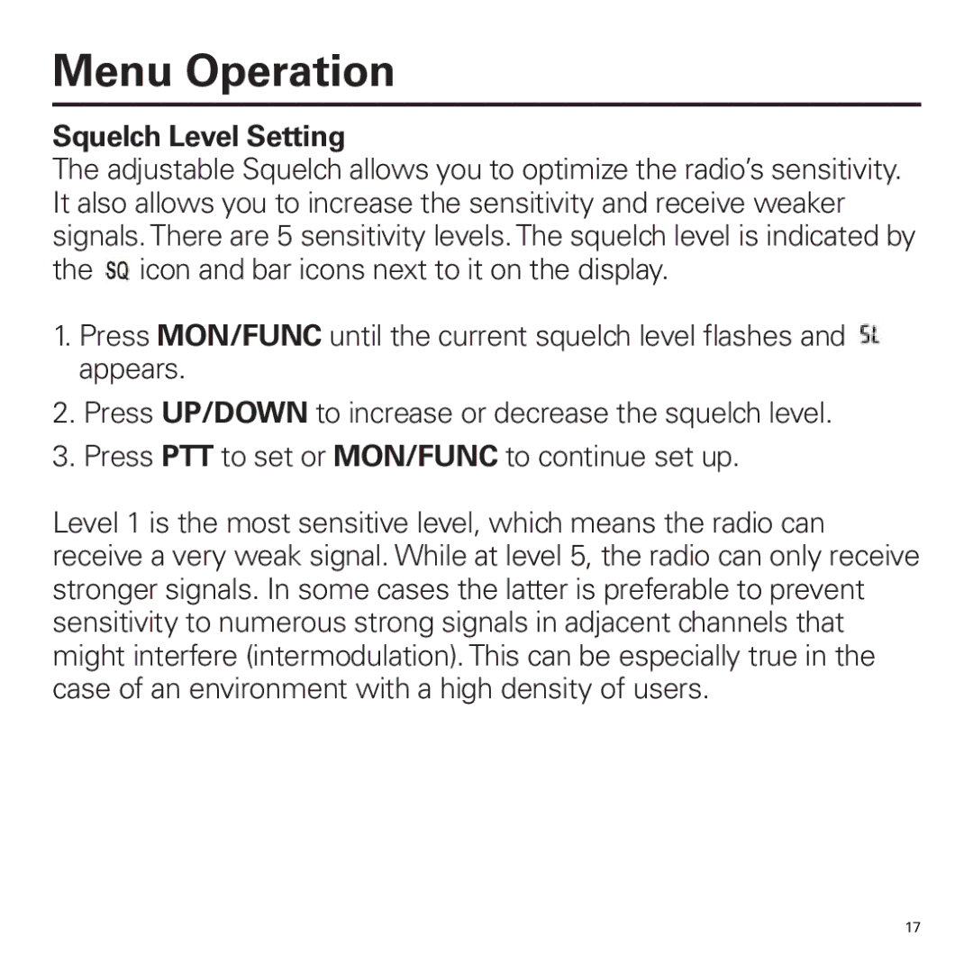 Panasonic P324 manual Menu Operation, Squelch Level Setting 