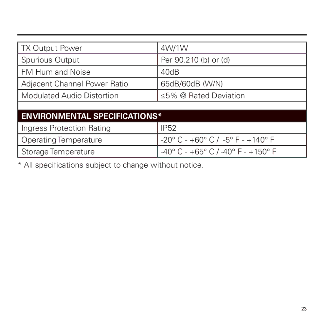 Panasonic P324 manual Environmental Specifications 