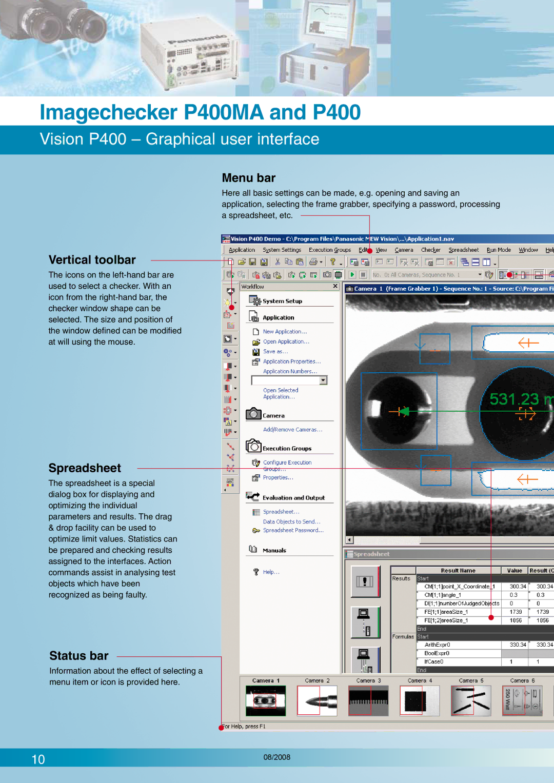 Panasonic P400MA manual Vision P400 Graphical user interface, Menu bar, Vertical toolbar, Spreadsheet, Status bar 