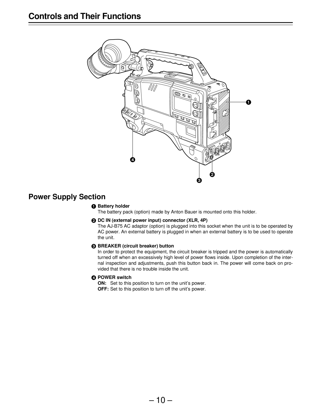 Panasonic PAJ- AJ- P operating instructions Controls and Their Functions, Power Supply Section 