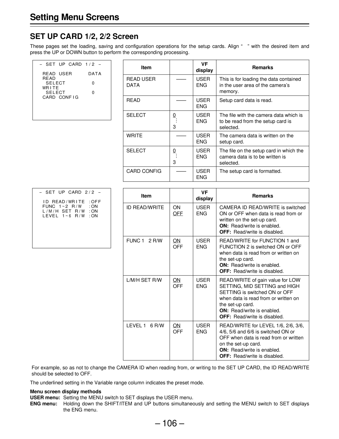 Panasonic PAJ- AJ- P operating instructions 106, SET UP Card 1/2, 2/2 Screen 