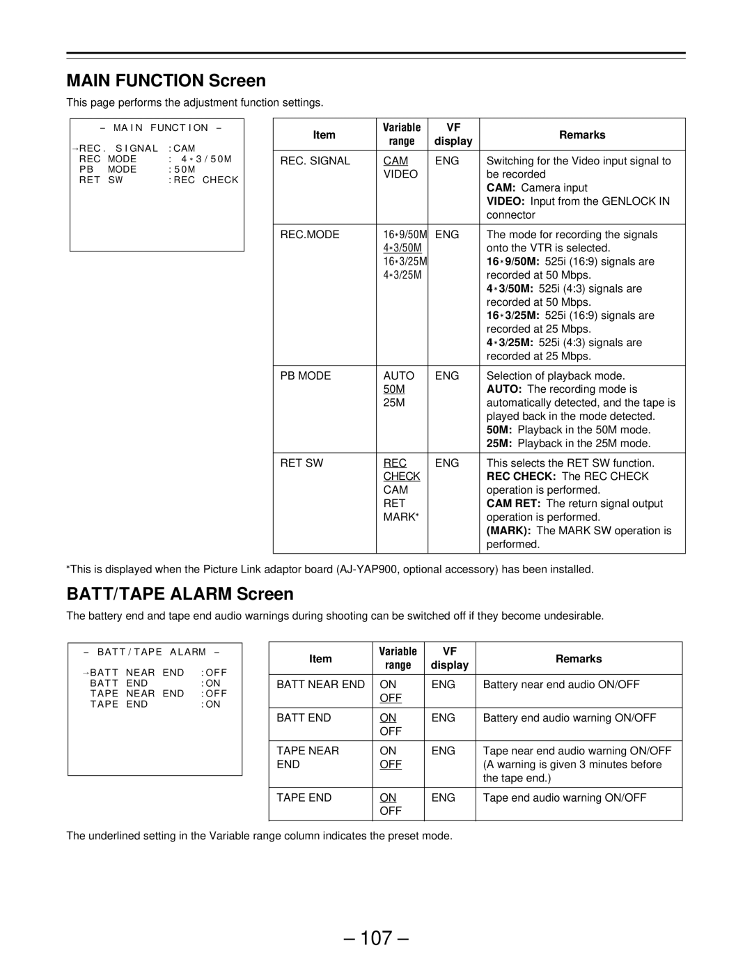 Panasonic PAJ- AJ- P operating instructions 107, Main Function Screen, BATT/TAPE Alarm Screen 