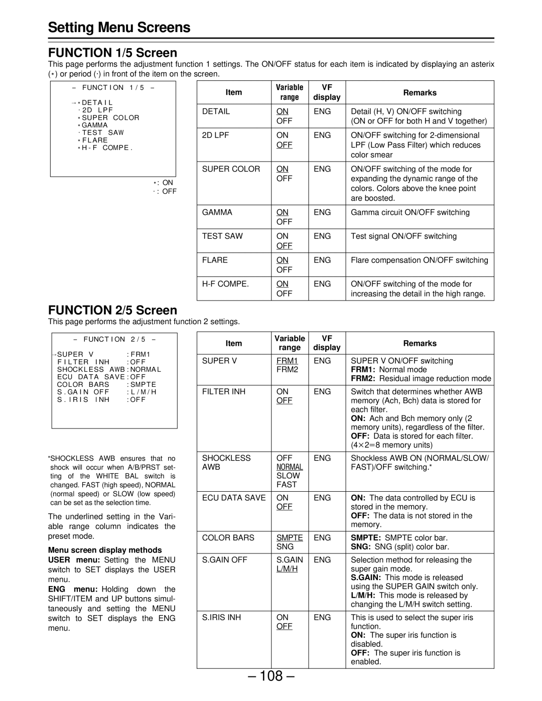 Panasonic PAJ- AJ- P operating instructions 108, Function 1/5 Screen, Function 2/5 Screen 