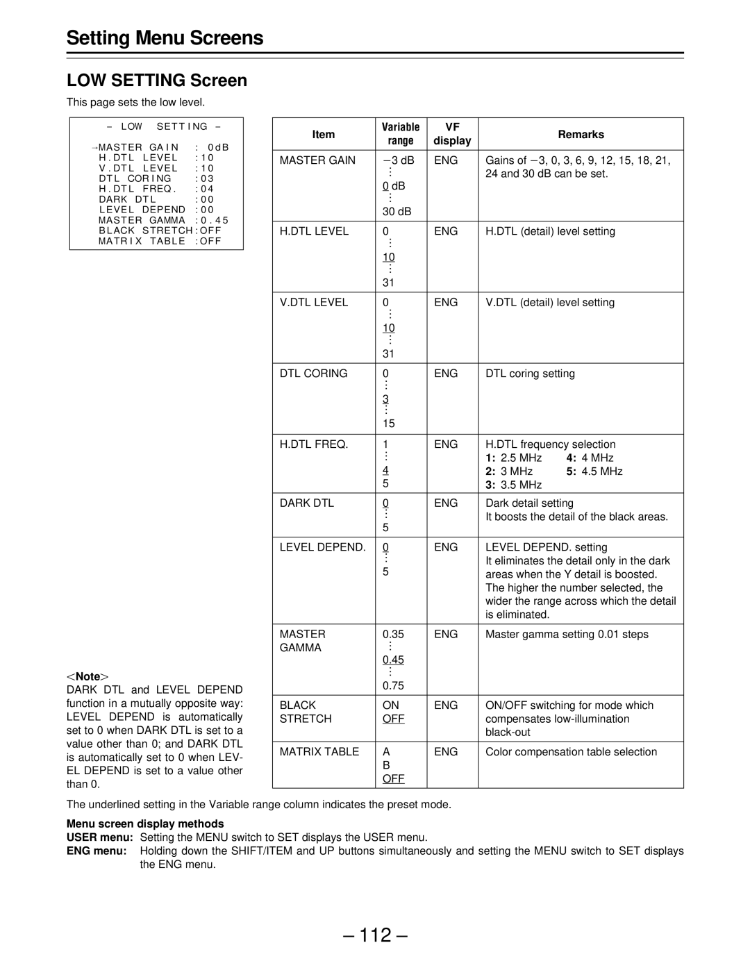 Panasonic PAJ- AJ- P operating instructions 112, LOW Setting Screen 