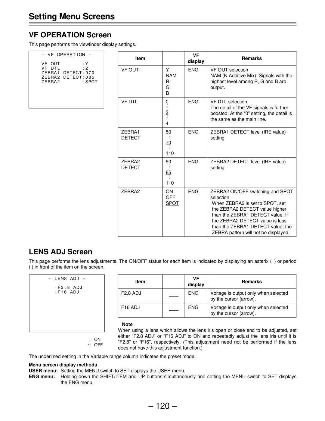 Panasonic PAJ- AJ- P operating instructions 120, VF Operation Screen, Lens ADJ Screen 