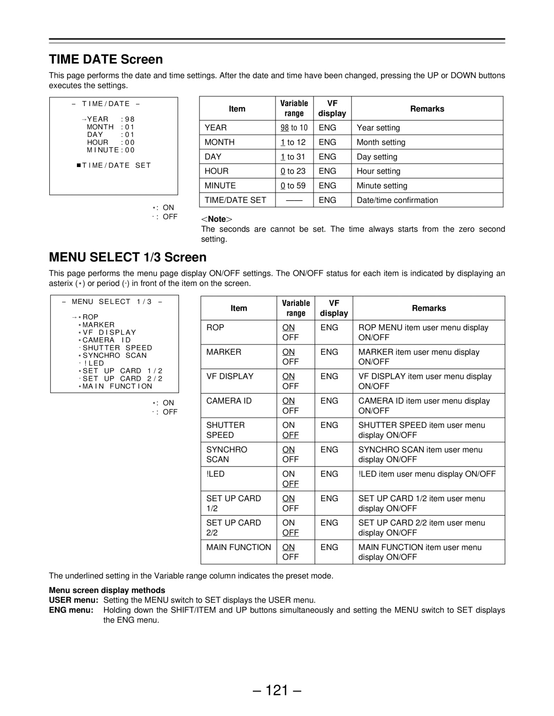 Panasonic PAJ- AJ- P operating instructions 121, Time Date Screen, Menu Select 1/3 Screen 