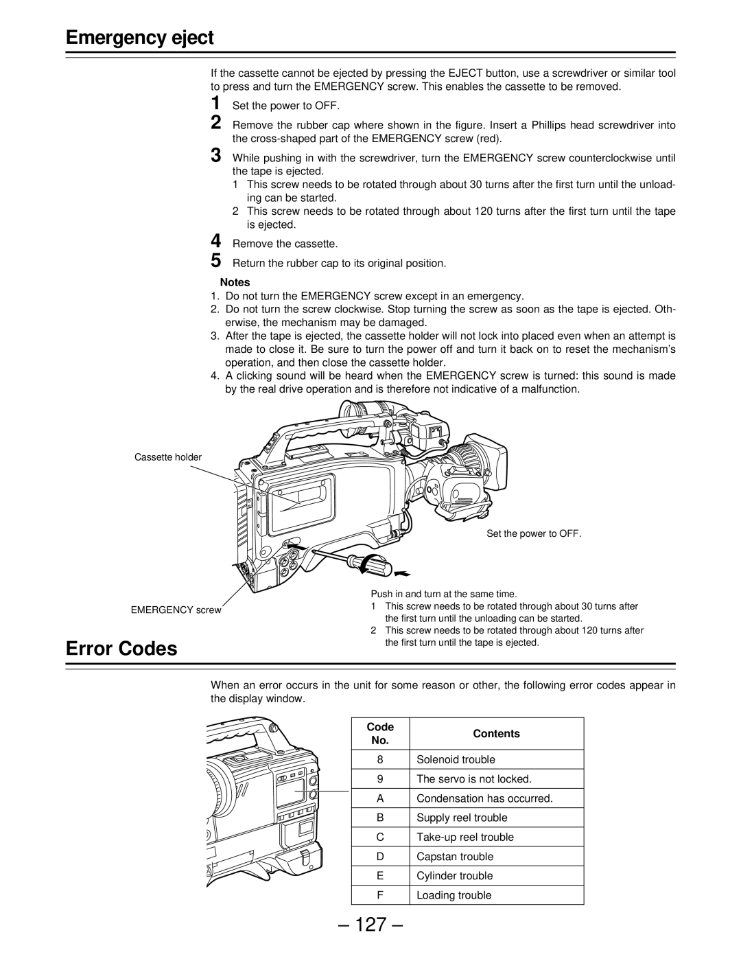 Panasonic PAJ- AJ- P operating instructions Emergency eject, Error Codes, 127, Code Contents 