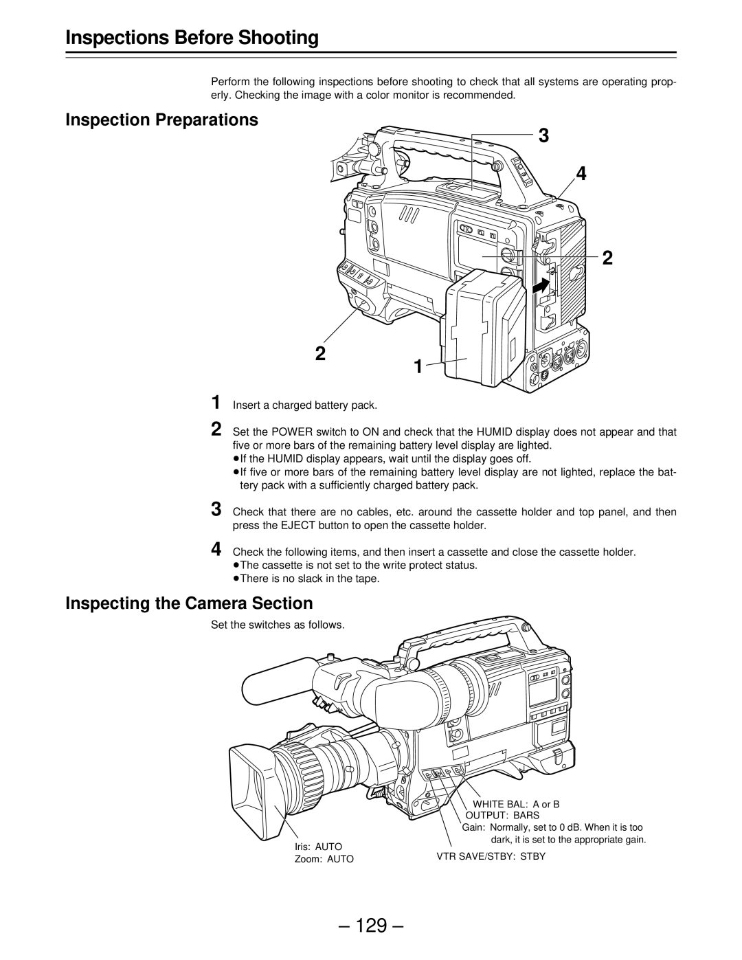 Panasonic PAJ- AJ- P Inspections Before Shooting, 129, Inspection Preparations, Inspecting the Camera Section 