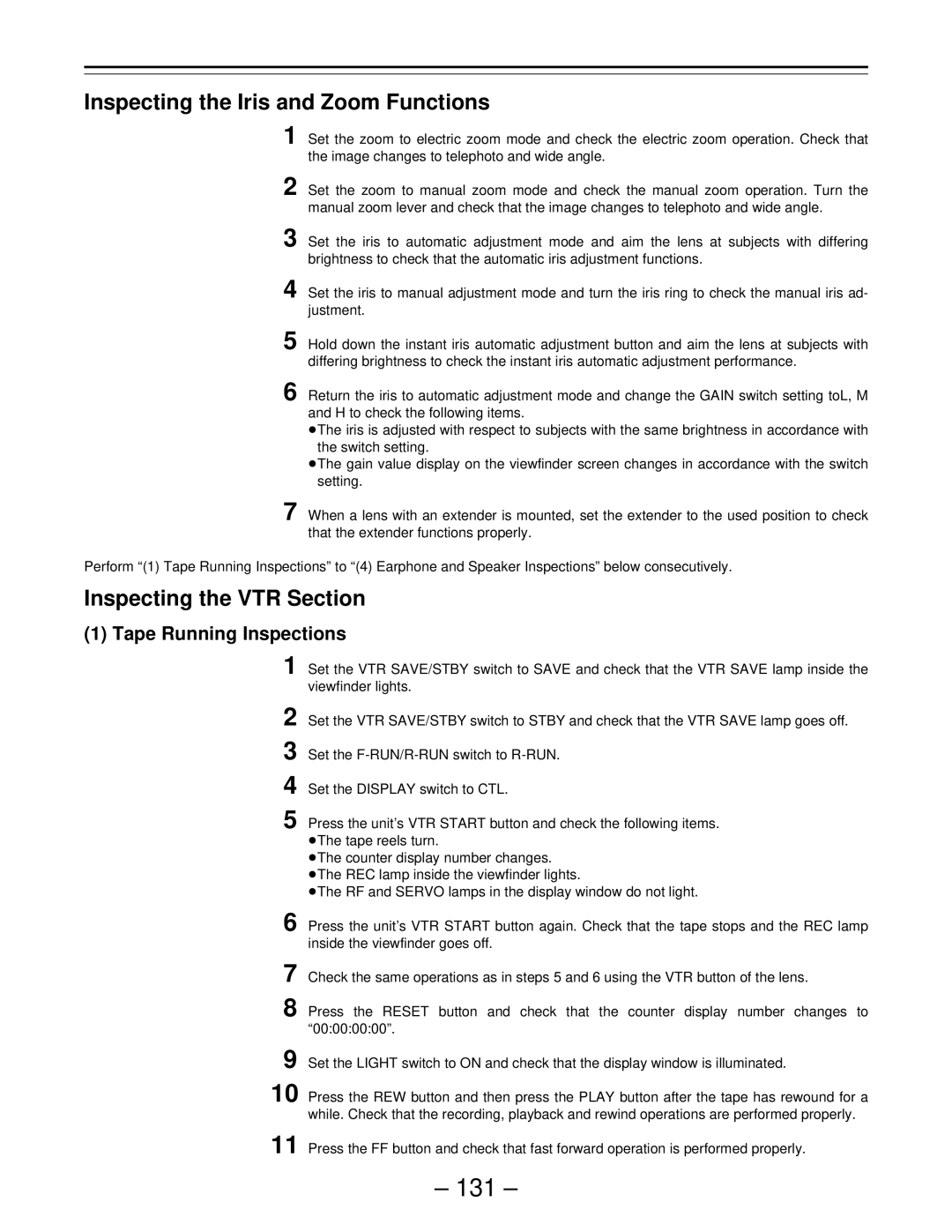 Panasonic PAJ- AJ- P 131, Inspecting the Iris and Zoom Functions, Inspecting the VTR Section, Tape Running Inspections 