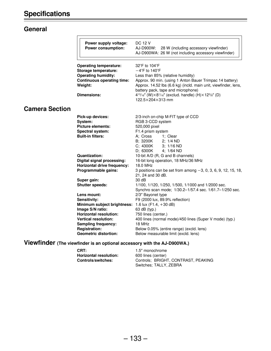 Panasonic PAJ- AJ- P operating instructions Specifications, 133, General, Camera Section 