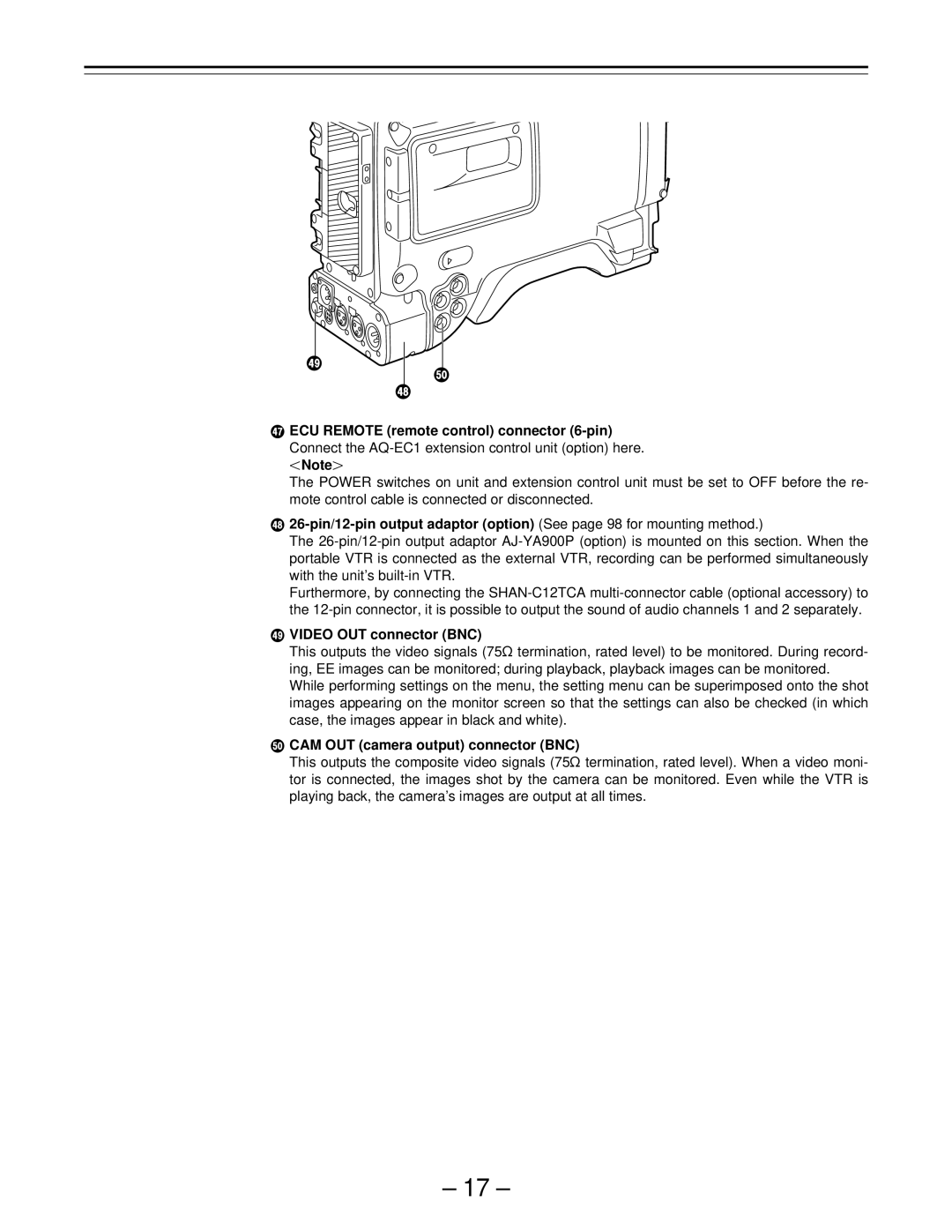 Panasonic PAJ- AJ- P operating instructions Video OUT connector BNC, ¶ CAM OUT camera output connector BNC 