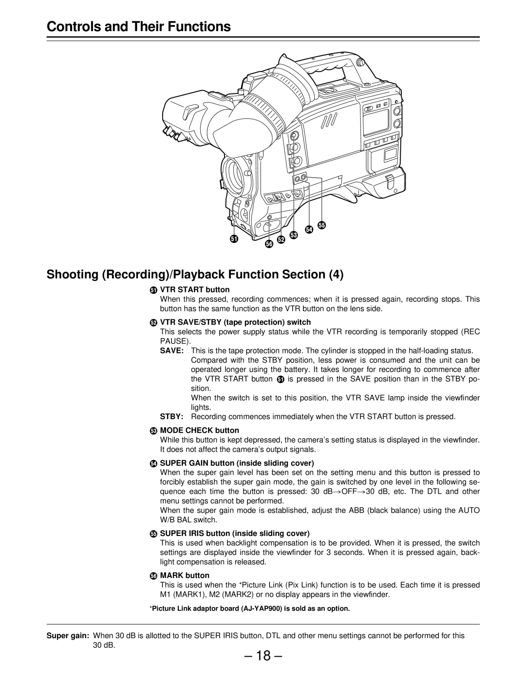 Panasonic PAJ- AJ- P · VTR Start button, ¸ VTR SAVE/STBY tape protection switch, ¹ Mode Check button, ¼ Mark button 