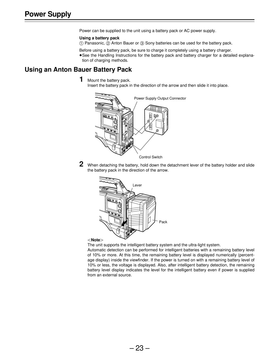 Panasonic PAJ- AJ- P operating instructions Power Supply, Using an Anton Bauer Battery Pack, Using a battery pack 