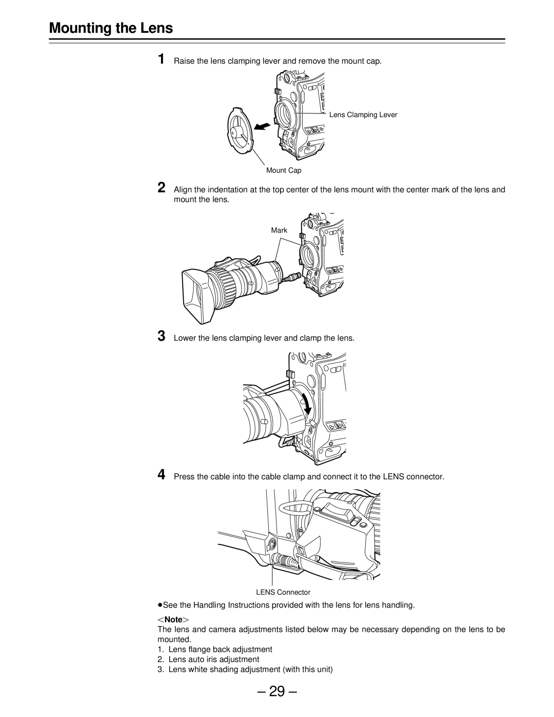 Panasonic PAJ- AJ- P operating instructions Mounting the Lens, Raise the lens clamping lever and remove the mount cap 