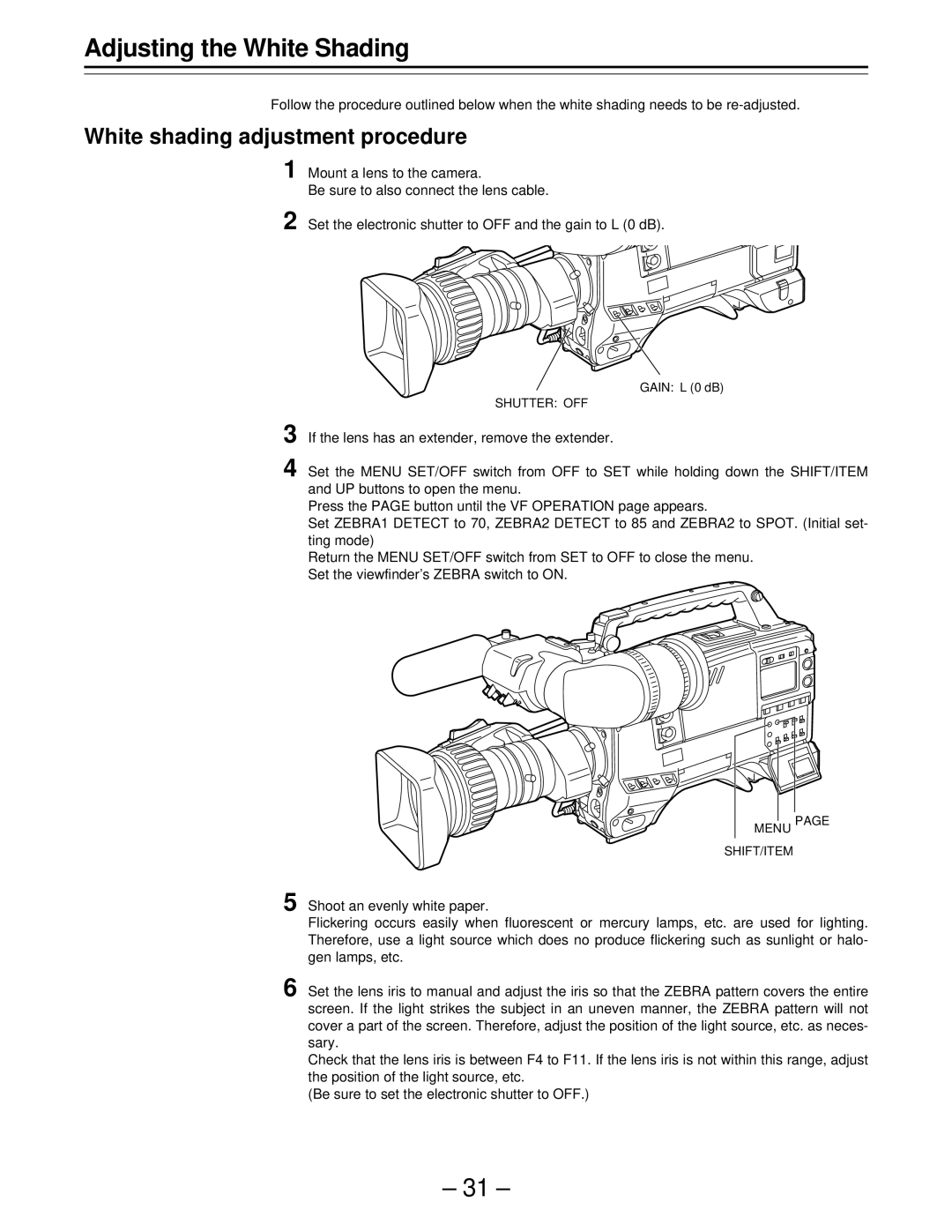 Panasonic PAJ- AJ- P operating instructions Adjusting the White Shading, White shading adjustment procedure 