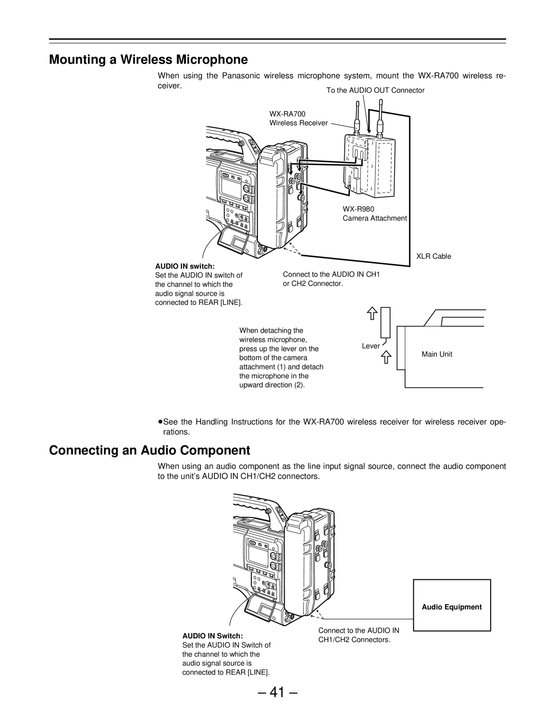 Panasonic PAJ- AJ- P operating instructions Mounting a Wireless Microphone, Connecting an Audio Component 