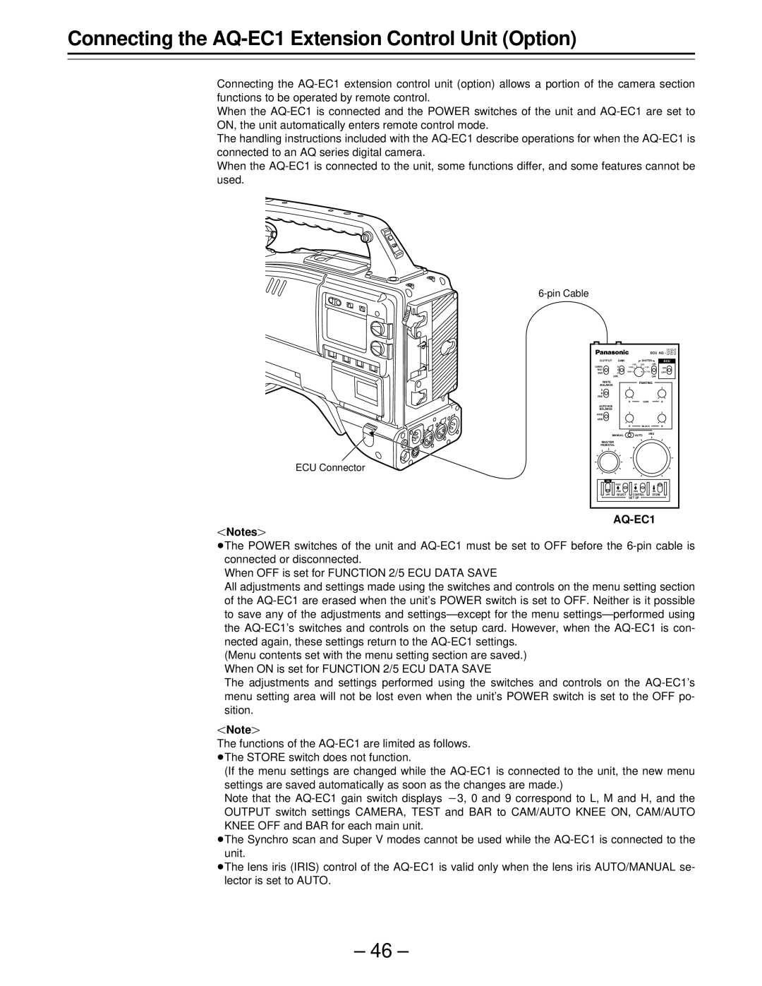 Panasonic PAJ- AJ- P operating instructions Connecting the AQ-EC1 Extension Control Unit Option, Pin Cable ECU Connector 