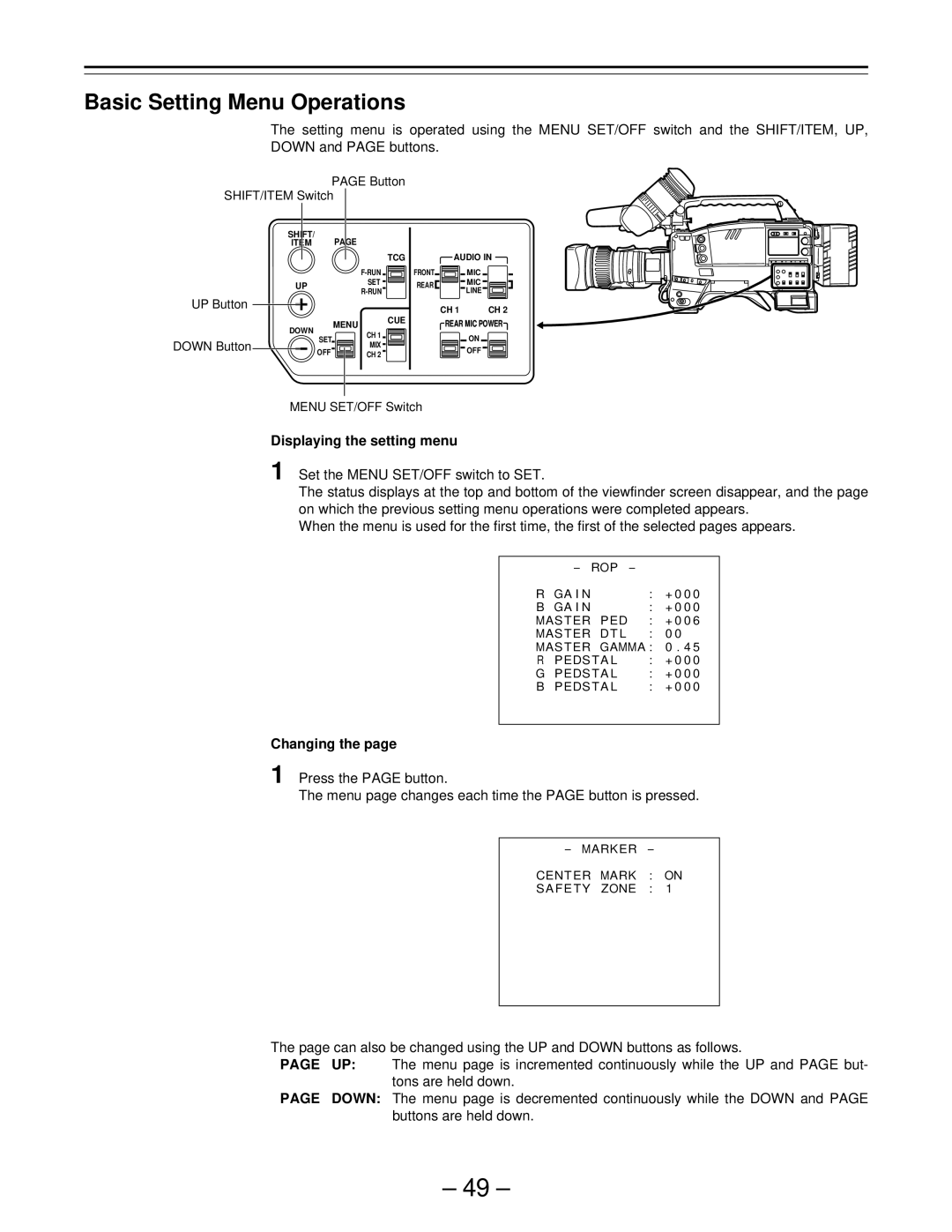 Panasonic PAJ- AJ- P operating instructions Basic Setting Menu Operations, Displaying the setting menu, Changing 