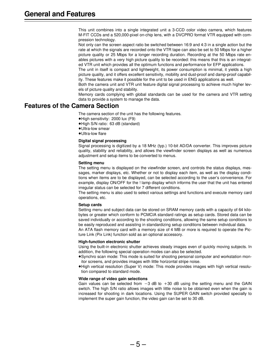 Panasonic PAJ- AJ- P operating instructions General and Features, Features of the Camera Section 