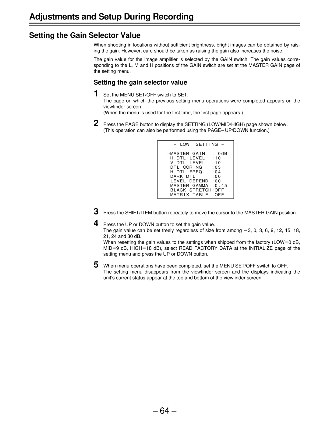 Panasonic PAJ- AJ- P operating instructions Setting the Gain Selector Value, Setting the gain selector value 