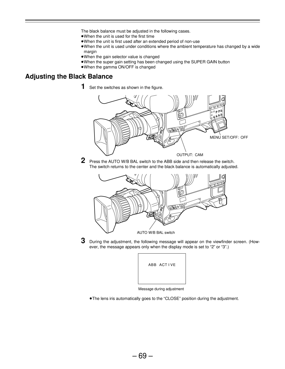 Panasonic PAJ- AJ- P operating instructions Adjusting the Black Balance, Menu SET/OFF OFF Output CAM 