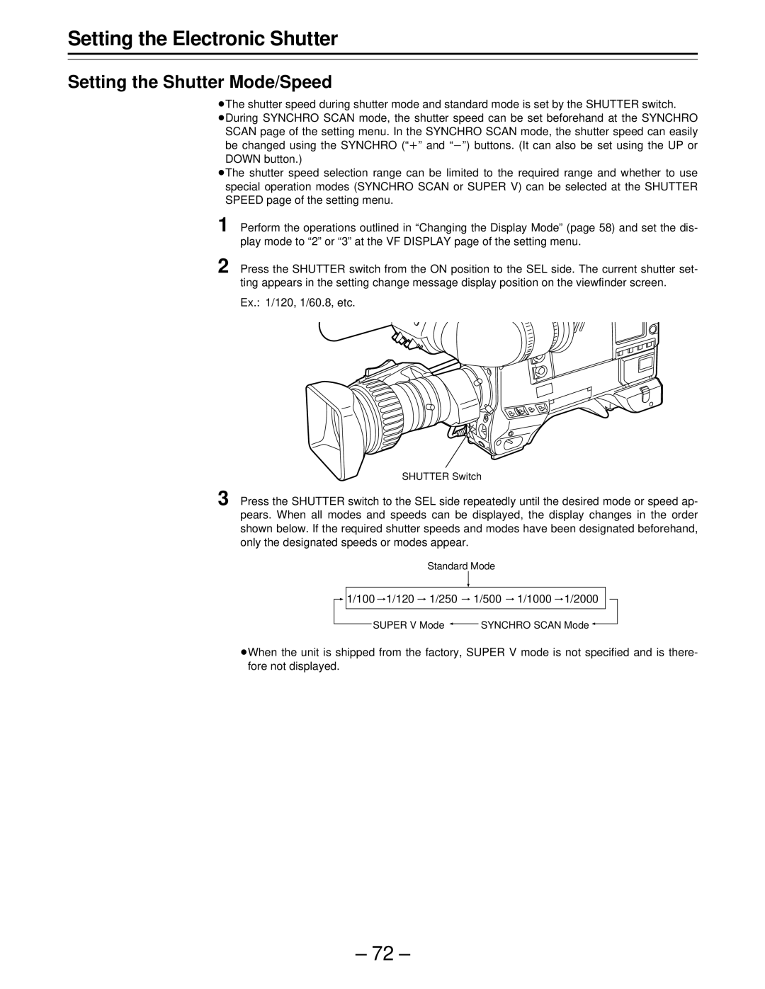 Panasonic PAJ- AJ- P operating instructions Setting the Shutter Mode/Speed, 120 250 500 1000 2000 