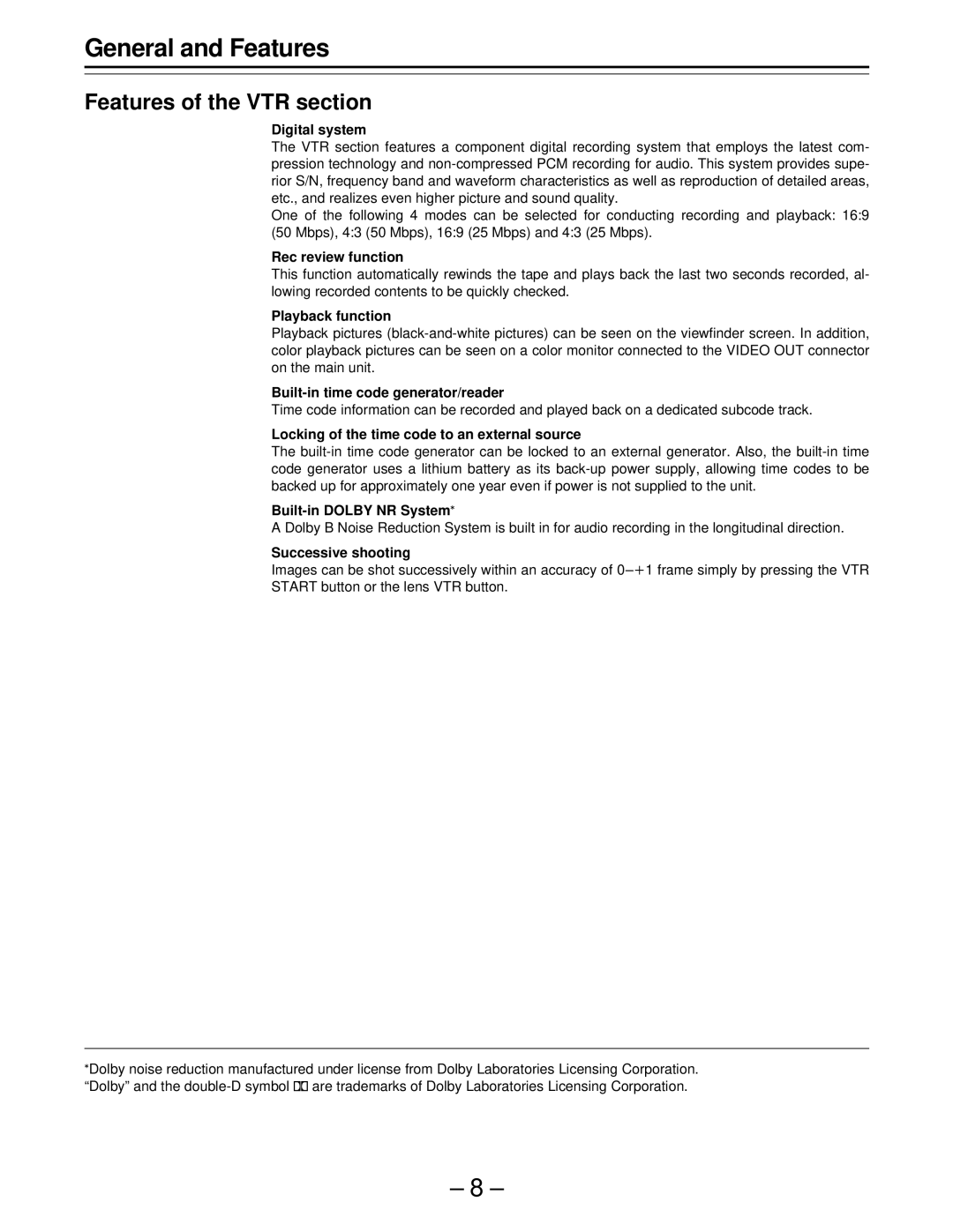 Panasonic PAJ- AJ- P operating instructions Features of the VTR section 