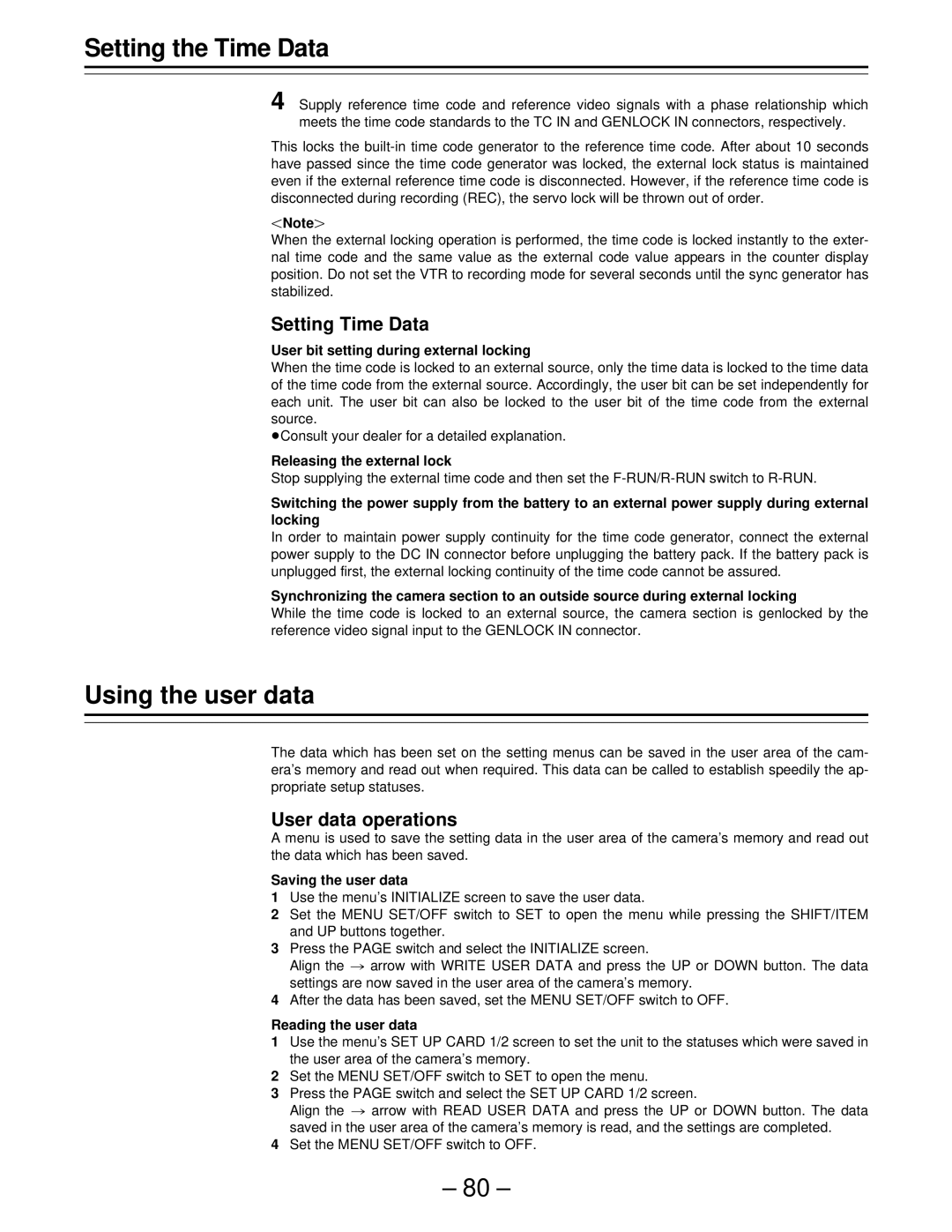 Panasonic PAJ- AJ- P operating instructions Using the user data, Setting Time Data, User data operations 