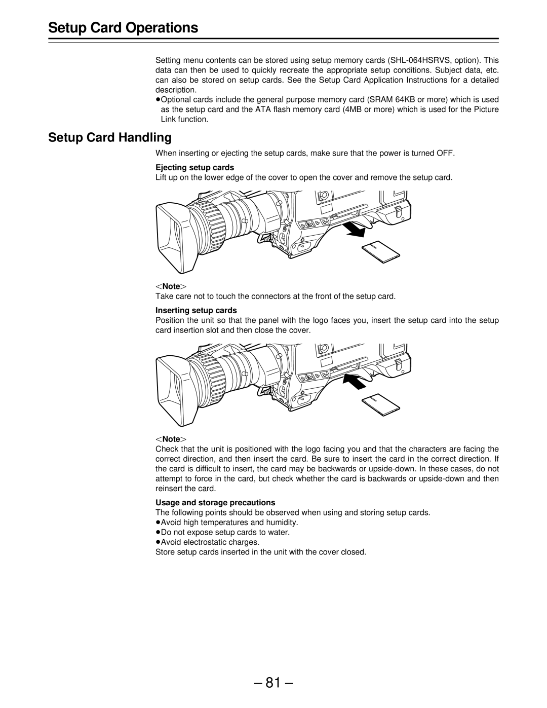 Panasonic PAJ- AJ- P Setup Card Operations, Setup Card Handling, Ejecting setup cards, Inserting setup cards 