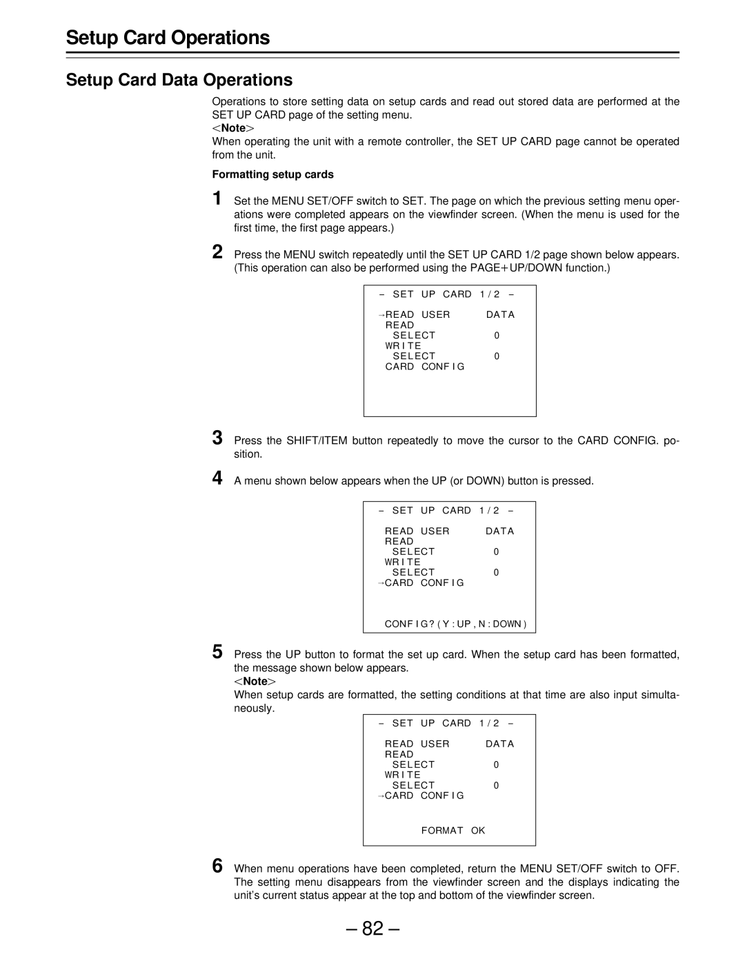 Panasonic PAJ- AJ- P operating instructions Setup Card Data Operations, Formatting setup cards 