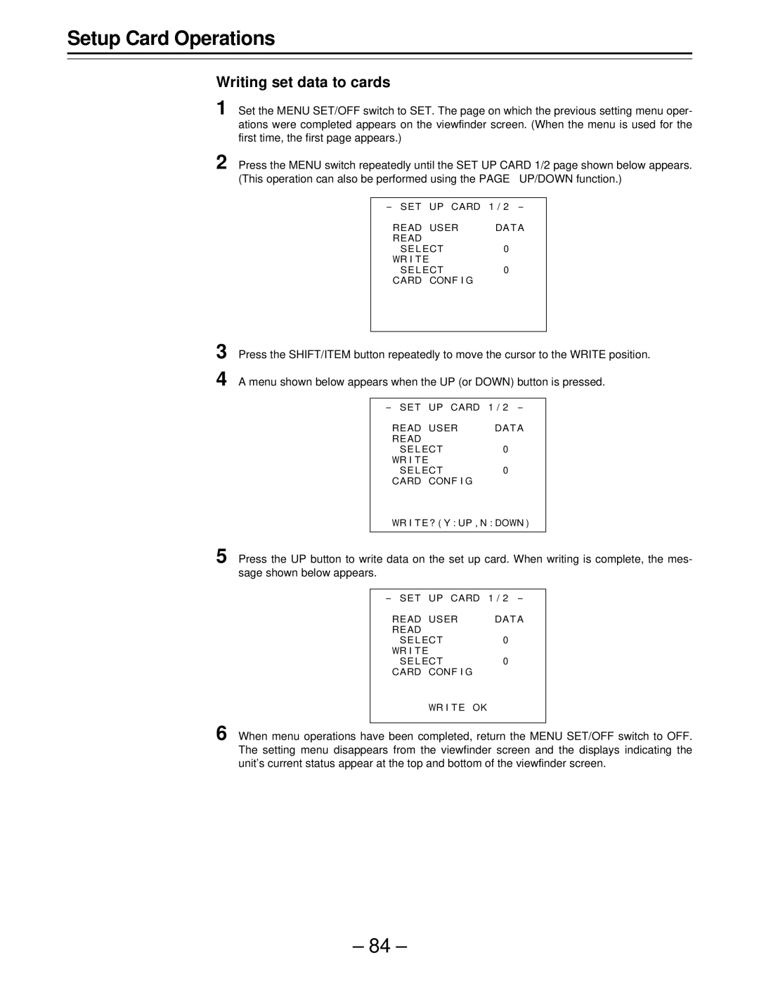 Panasonic PAJ- AJ- P operating instructions Writing set data to cards 